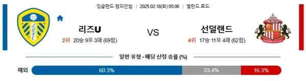 02월18일 리즈 선더랜드 잉글랜드챔피언쉽 분석 이미지