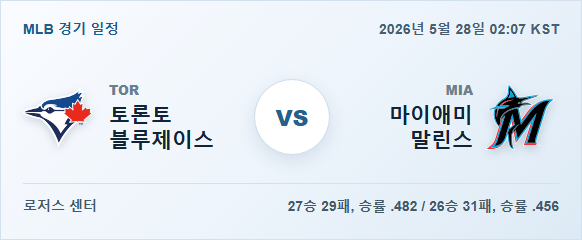 2026년 5월 28일 토론토 블루제이스 vs 마이애미 말린스 경기 분석 일정 이미지