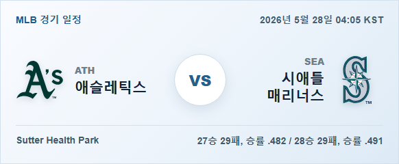 2026년 5월 28일 애슬레틱스 vs 시애틀 매리너스 경기 분석 일정 이미지
