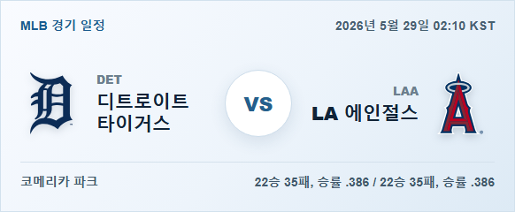 2026년 5월 29일 디트로이트 타이거스 vs LA 에인절스 경기 분석 일정 이미지
