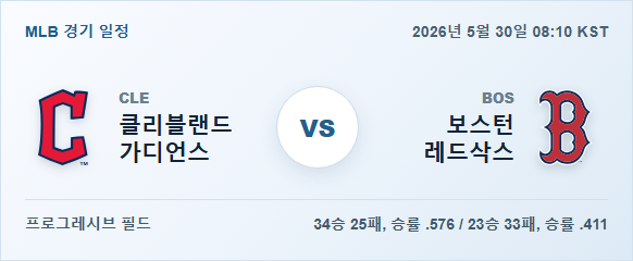 2026년 5월 30일 클리블랜드 가디언스 vs 보스턴 레드삭스 경기 분석 일정 이미지