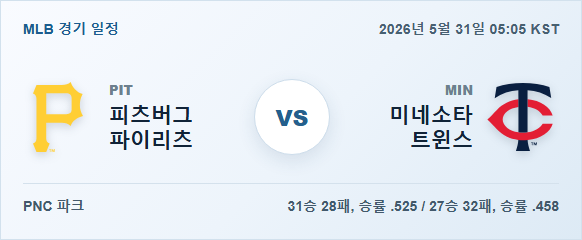 2026년 5월 31일 피츠버그 파이리츠 vs 미네소타 트윈스 경기 분석 일정 이미지