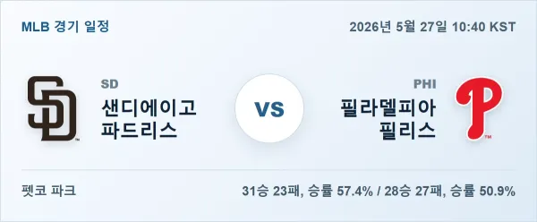 2026년 5월 27일 샌디에이고 vs 필라델피아 MLB 경기분석 일정 이미지