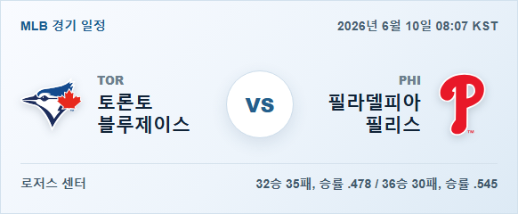 2026년 6월 10일 토론토 블루제이스 vs 필라델피아 필리스 경기 분석 일정 이미지