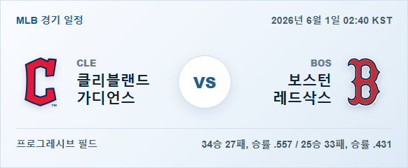 2026년 6월 1일 클리블랜드 가디언스 vs 보스턴 레드삭스 경기 분석 일정 이미지
