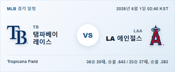 2026년 6월 1일 탬파베이 레이스 vs LA 에인절스 경기 분석 일정 이미지