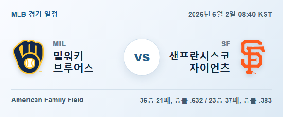 2026년 6월 2일 밀워키 브루어스 vs 샌프란시스코 자이언츠 경기 분석 일정 이미지