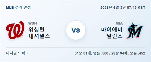 2026년 6월 3일 워싱턴 내셔널스 vs 마이애미 말린스 경기 분석 일정 이미지