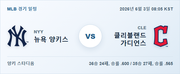 2026년 6월 3일 뉴욕 양키스 vs 클리블랜드 가디언스 경기 분석 일정 이미지