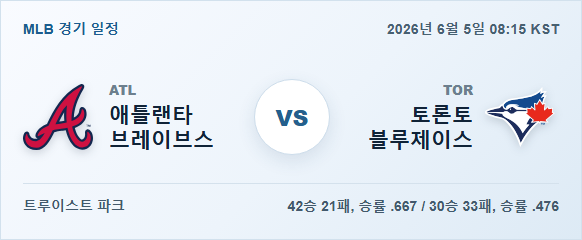 2026년 6월 5일 애틀랜타 브레이브스 vs 토론토 블루제이스 경기 분석 일정 이미지