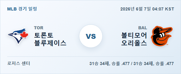 2026년 6월 7일 토론토 블루제이스 vs 볼티모어 오리올스 경기 분석 일정 이미지