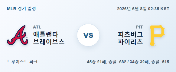 2026년 6월 8일 애틀랜타 브레이브스 vs 피츠버그 파이리츠 경기 분석 일정 이미지