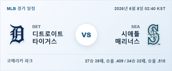 2026년 6월 8일 디트로이트 타이거스 vs 시애틀 매리너스 경기 분석 일정 이미지
