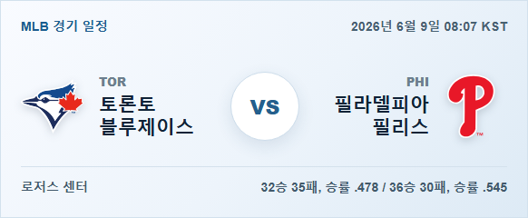 2026년 6월 9일 토론토 블루제이스 vs 필라델피아 필리스 경기 분석 일정 이미지