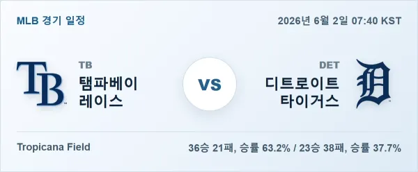 2026년 6월 2일 탬파베이 vs 디트로이트 MLB 경기분석 일정 이미지