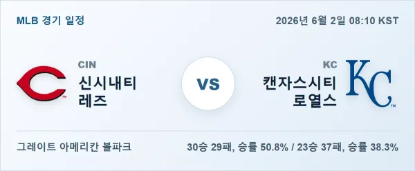 2026년 6월 2일 신시내티 vs 캔자스시티 MLB 경기분석 일정 이미지