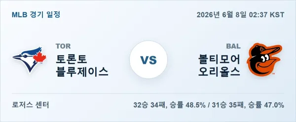 2026년 6월 8일 토론토 vs 볼티모어 MLB 경기분석 일정 이미지