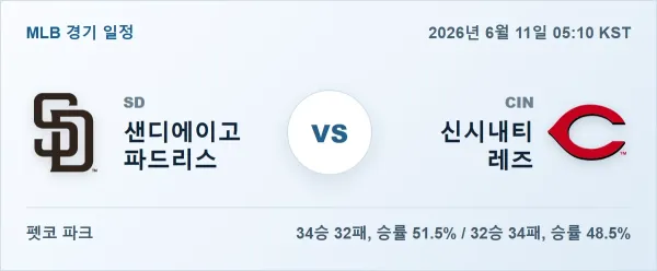 2026년 6월 11일 샌디에이고 vs 신시내티 MLB 경기분석 일정 이미지