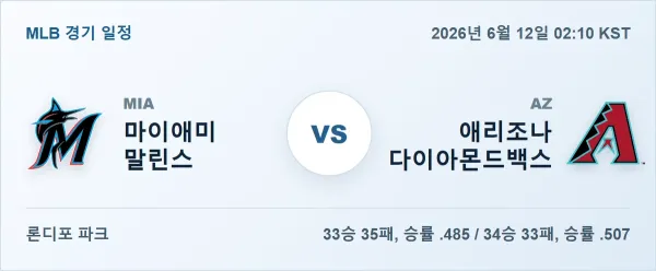 2026년 6월 12일 마이애미 vs 애리조나 MLB 경기분석 일정 이미지