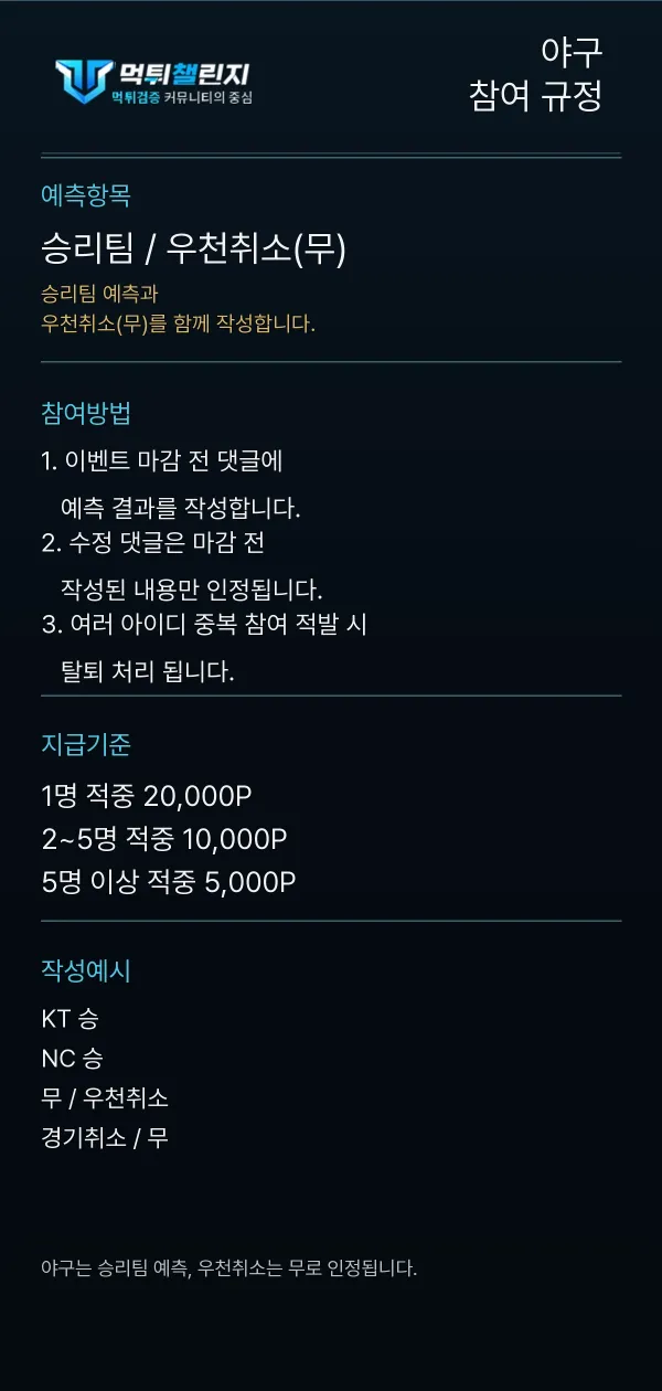 야구 데일리 승무패 이벤트 참여 규정