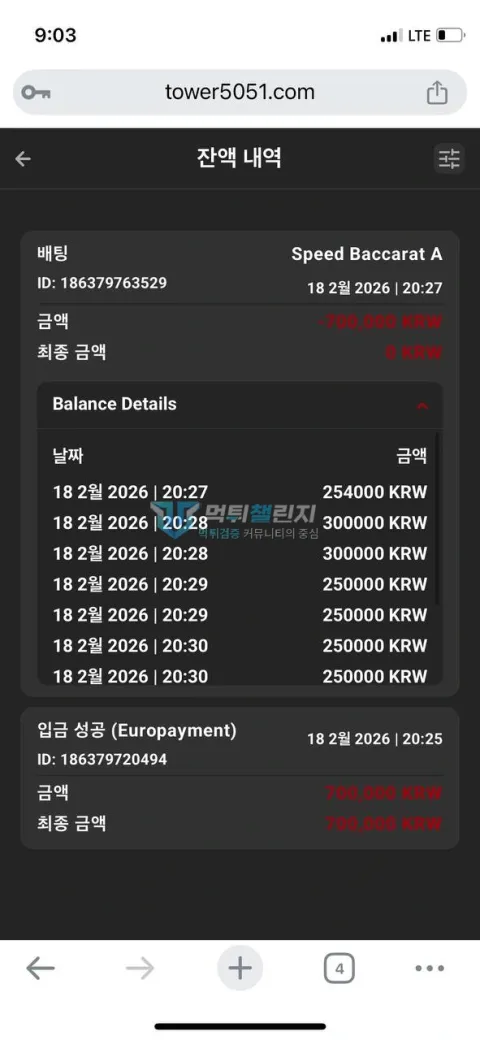 타워카지노 회원이 공개한 충전 및 계정 자료