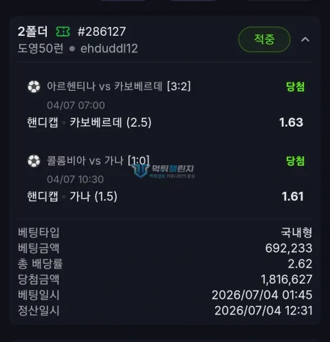 시그널 월드컵 두 경기 핸디캡 적중 내역