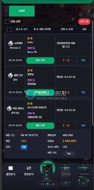 나인카지노 46만원 3폴더 적중 내역