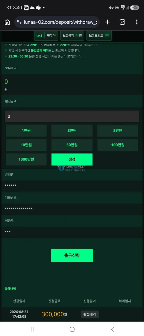 루나 30만원 환전 대기 내역