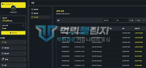 벳위즈 입금 내역과 57만300원 잔액 화면
