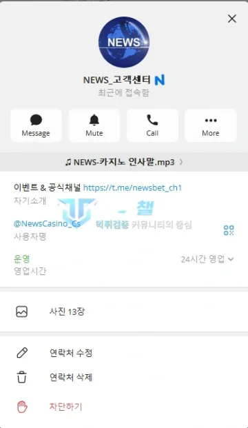 뉴스카지노 news-91.com 140만원 검수 9일 뒤 계정 차단 피해 뉴스카지노 NEWS 고객센터 텔레그램 계정 정보 화면