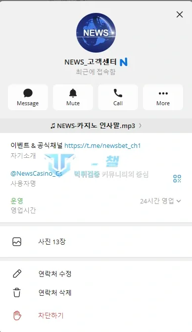 뉴스카지노 NEWS 고객센터 텔레그램 계정 정보 화면
