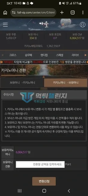 가을 보유 쿠폰·캐시머니·카지노 배팅 리워드가 표시된 카지노머니 전환 페이지
