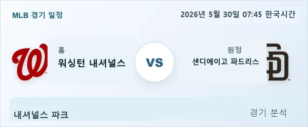 2026년 5월 30일 워싱턴 vs 샌디에이고 경기 분석 이미지
