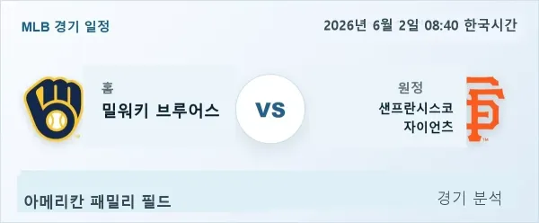 2026년 6월 2일 밀워키 vs 샌프란시스코 경기 분석 이미지