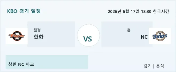2026년 6월 17일 한화 vs NC 경기 분석 이미지