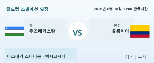 2026년 6월 18일 우즈베키스탄 vs 콜롬비아 경기 분석 이미지