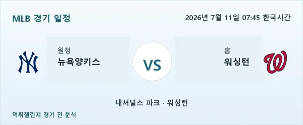 2026년 7월 11일 뉴욕양키스 vs 워싱턴 MLB 경기 분석 이미지