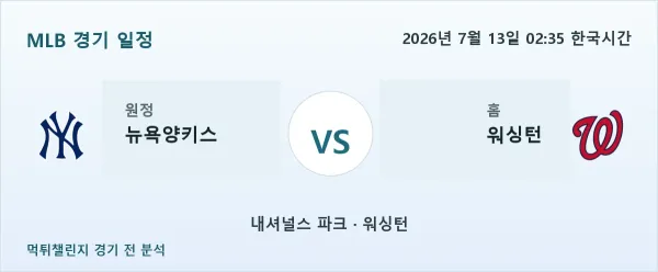2026년 7월 13일 뉴욕양키스 vs 워싱턴 MLB 경기 분석 이미지
