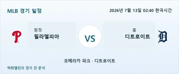 2026년 7월 13일 필라델피아 vs 디트로이트 MLB 경기 분석 이미지