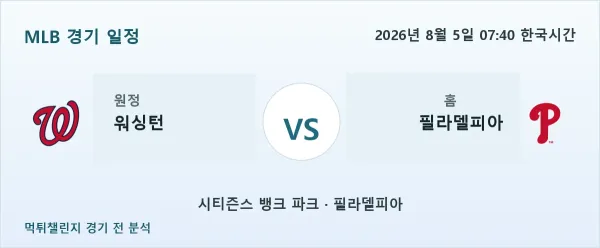 2026년 8월 5일 워싱턴 vs 필라델피아 MLB 경기 분석 이미지
