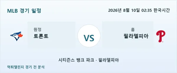 2026년 8월 10일 토론토 vs 필라델피아 MLB 경기 분석 이미지