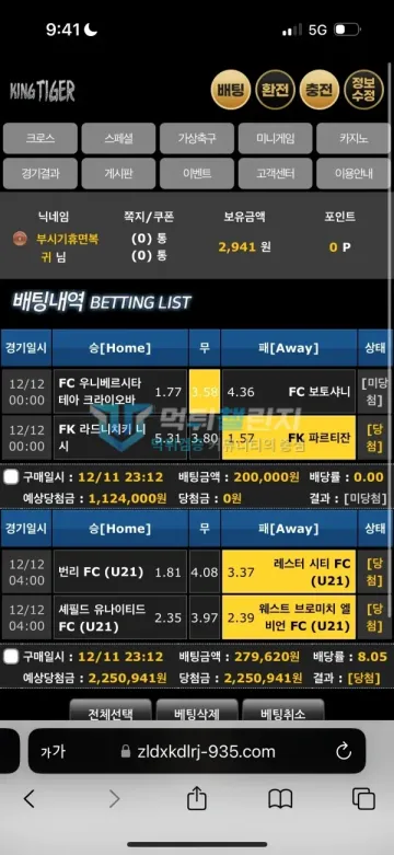 킹타이거 먹튀 증거 - 배팅내역 - 8.05배당 당첨 225만원, 보유금 2천원대