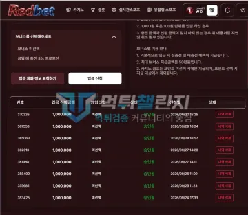레드벳 먹튀 증거 - 입금내역 - 100만원씩 8건 승인됨